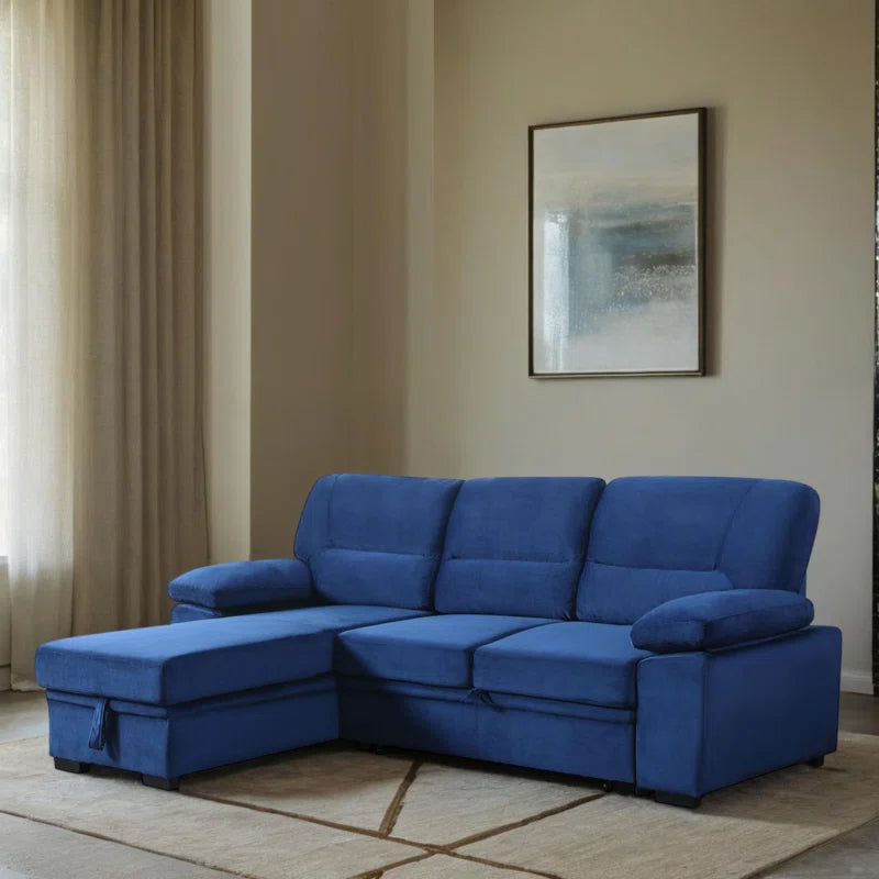 L-Shape Sectional Sofa: 98" Velvet Reversible Sleeper Sectional Sofa Bed with Chaise(Blue Velvet)