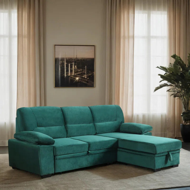 L-Shape Sectional Sofa: 98" Velvet Reversible Sleeper Sectional Sofa Bed with Chaise(Green Velvet)