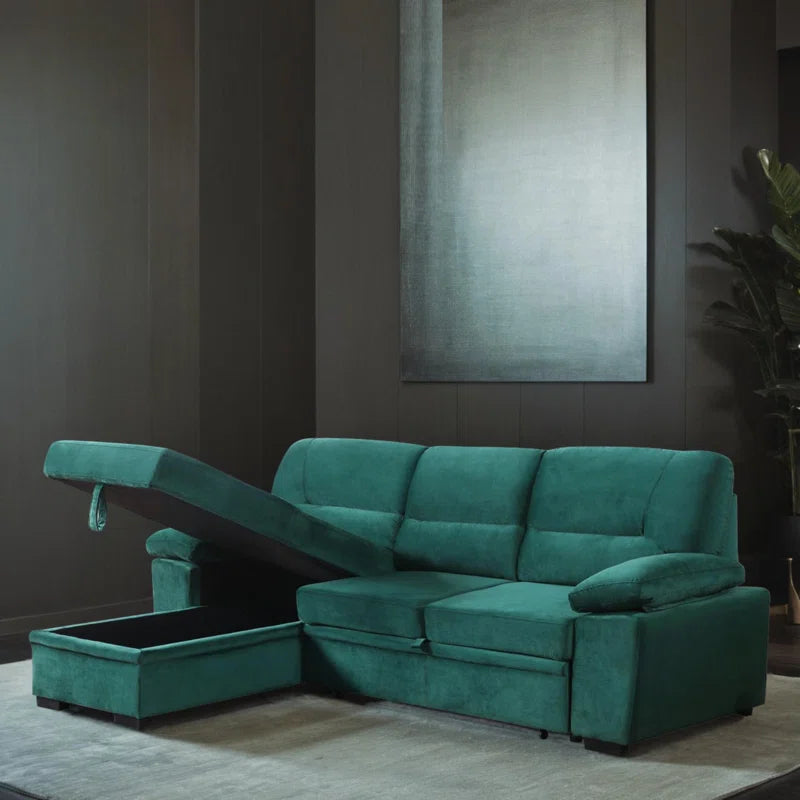 L-Shape Sectional Sofa: 98" Velvet Reversible Sleeper Sectional Sofa Bed with Chaise(Green Velvet)