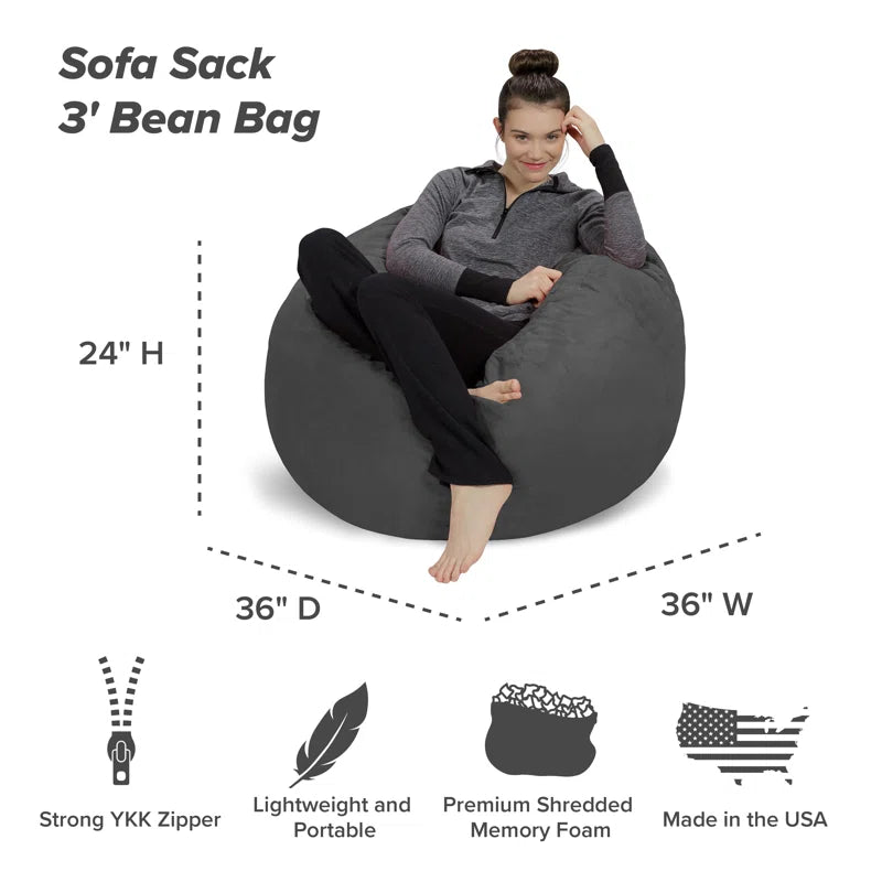 THE CASA ORO® Bean Bag - 3 Ft Shredded Foam Filled Round Pouf Chair - Plush(Charcoal Microfiber / Microsuede)
