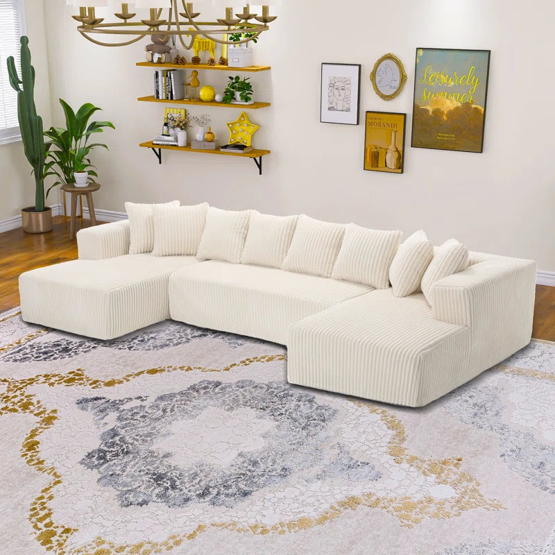 130.31"W Corduroy U-shaped Vacuumed Sectional Low Back Modular(Beige Corduroy)