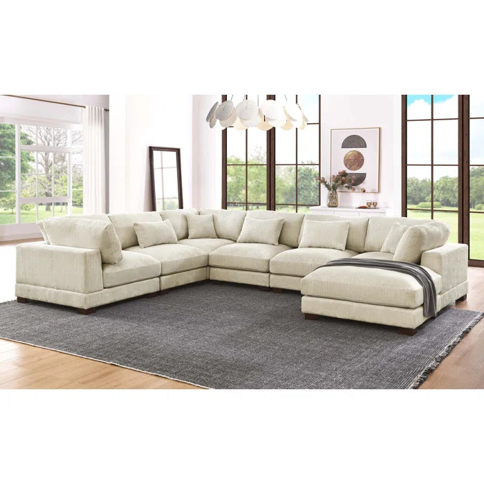U- Shape Sofa: 7 - Piece 144" Wide Modular Corner Sectional(Beige Corduroy)