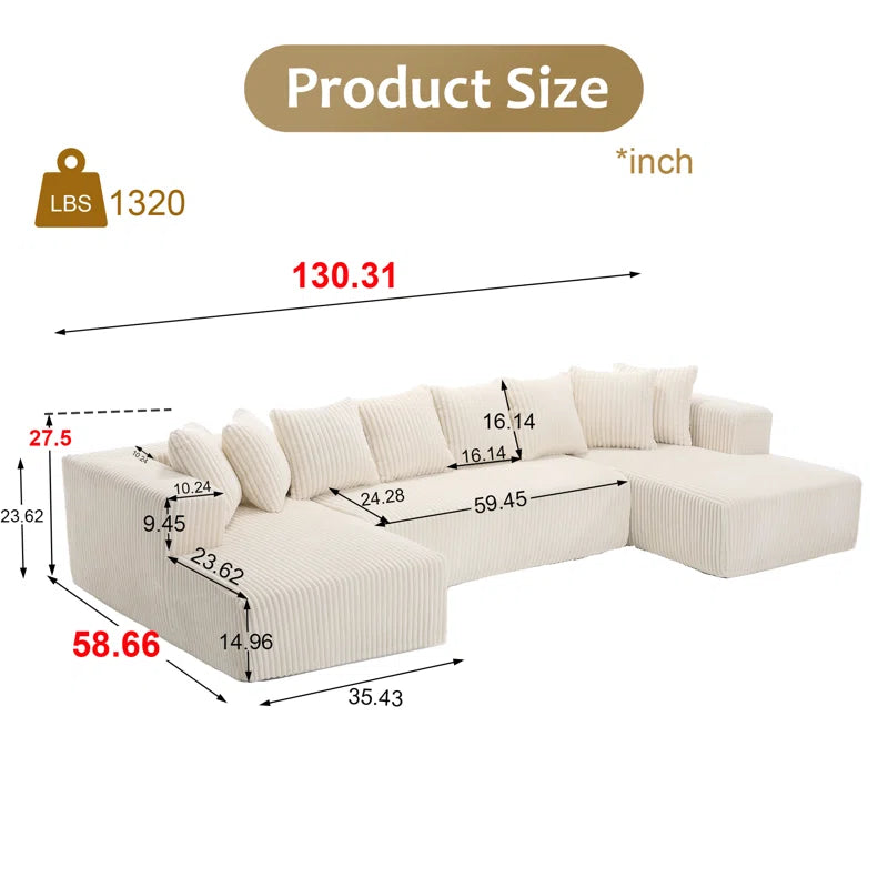 130.31"W Corduroy U-shaped Vacuumed Sectional Low Back Modular(Beige Corduroy)