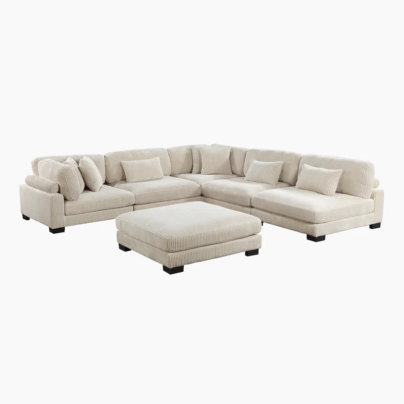 L Shape Sectional Sofa: 135”W Modern Corduroy Track Arm Modular Sectional Sofa(Beige Corduroy)