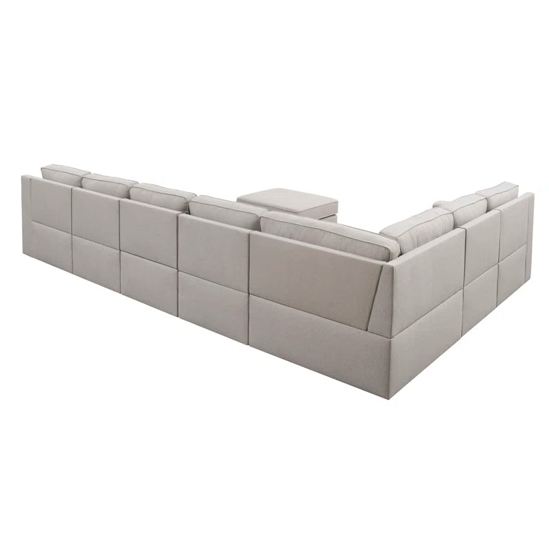 U-Shape Sectional Sofa: 8 - Piece Modular Large Sectional Seat (Beige Polyester)