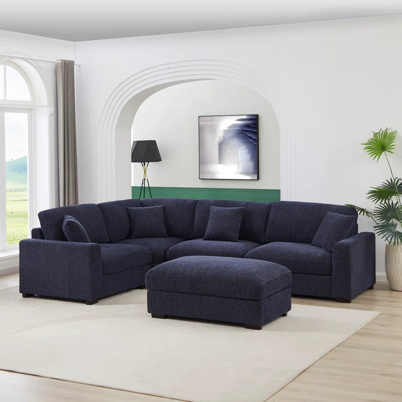 5 Piece Corner Sectional Sofa with Ottoman (Blue Polyester)
