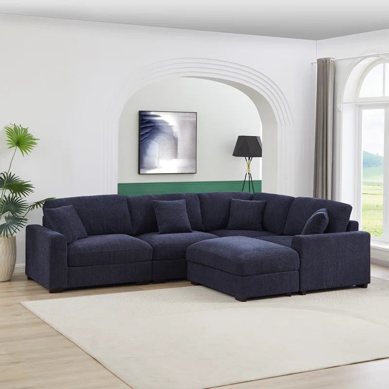 5 Piece Corner Sectional Sofa with Ottoman (Blue Polyester)