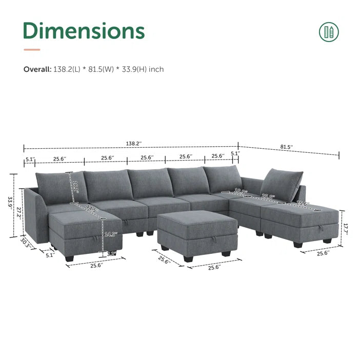 U-shaped Grey Sectional Sofa with Chaise Modular Sectional Sofa(Bluish Gray Polyester)