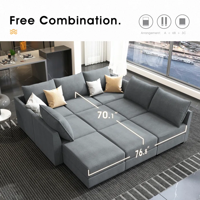 U-shaped Grey Sectional Sofa with Chaise Modular Sectional Sofa(Bluish Gray Polyester)