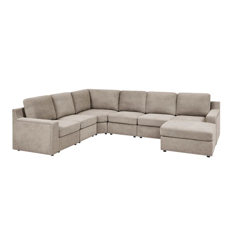L- Shape Sectional Sofa: 7 - Piece Modular Corner Sectional(Camel Polyester Blend)