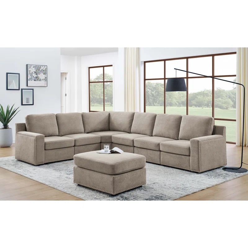 L- Shape Sectional Sofa: 7 - Piece Modular Corner Sectional(Camel Polyester Blend)