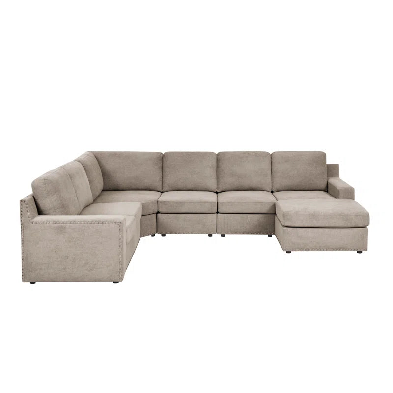 L- Shape Sectional Sofa: 7 - Piece Modular Corner Sectional(Camel Polyester Blend)