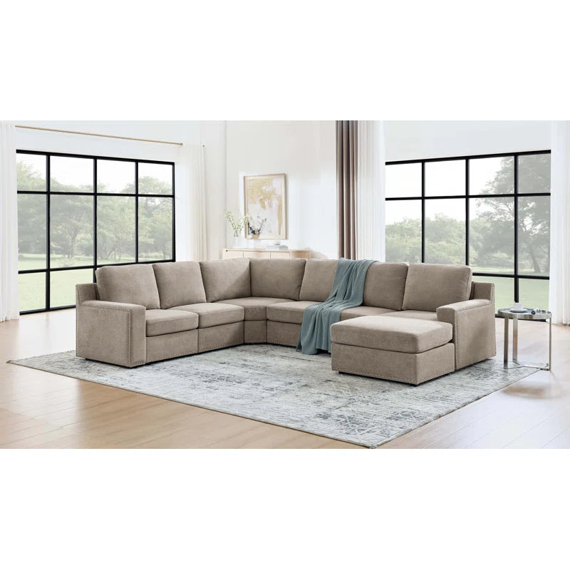 L- Shape Sectional Sofa: 7 - Piece Modular Corner Sectional(Camel Polyester Blend)