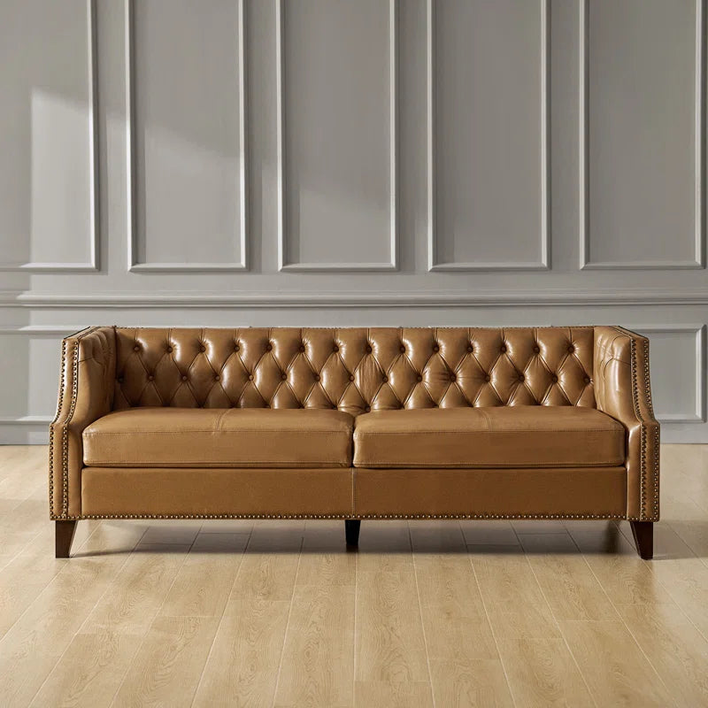 3 Seater Sofa: 84"W Chesterfield Button-Tufting Genuine Leather Sofa with Solid Wood Legs(Camel)