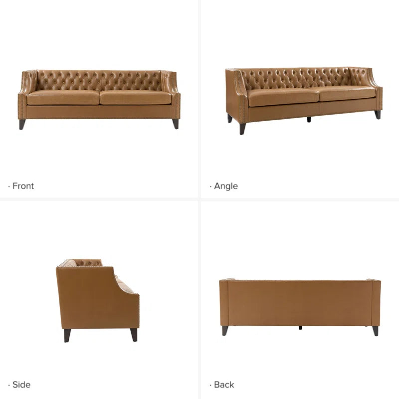 3 Seater Sofa: 84"W Chesterfield Button-Tufting Genuine Leather Sofa with Solid Wood Legs(Camel)