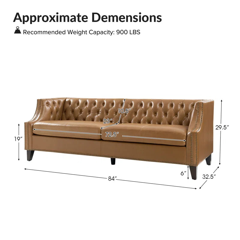 3 Seater Sofa: 84"W Chesterfield Button-Tufting Genuine Leather Sofa with Solid Wood Legs(Camel)