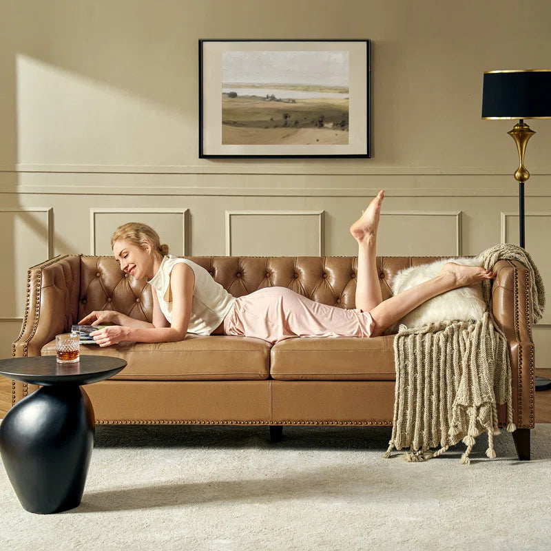 3 Seater Sofa: 84"W Chesterfield Button-Tufting Genuine Leather Sofa with Solid Wood Legs(Camel)