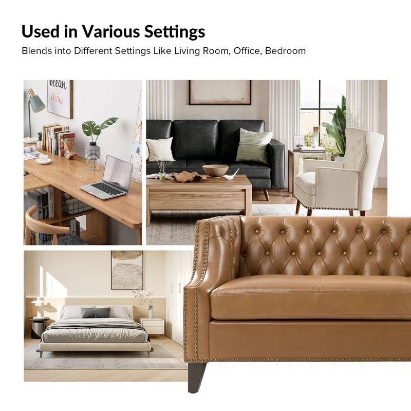 3 Seater Sofa: 84"W Chesterfield Button-Tufting Genuine Leather Sofa with Solid Wood Legs(Camel)