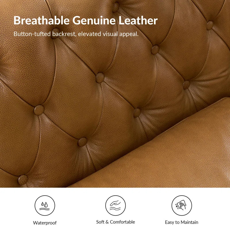 3 Seater Sofa: 84"W Chesterfield Button-Tufting Genuine Leather Sofa with Solid Wood Legs(Camel)