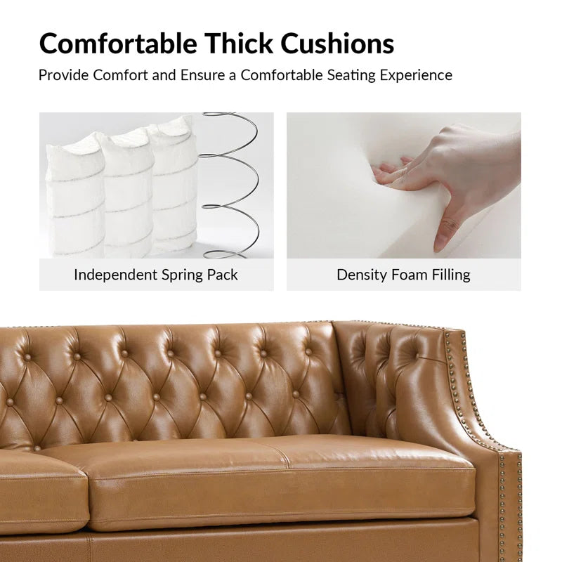 3 Seater Sofa: 84"W Chesterfield Button-Tufting Genuine Leather Sofa with Solid Wood Legs(Camel)
