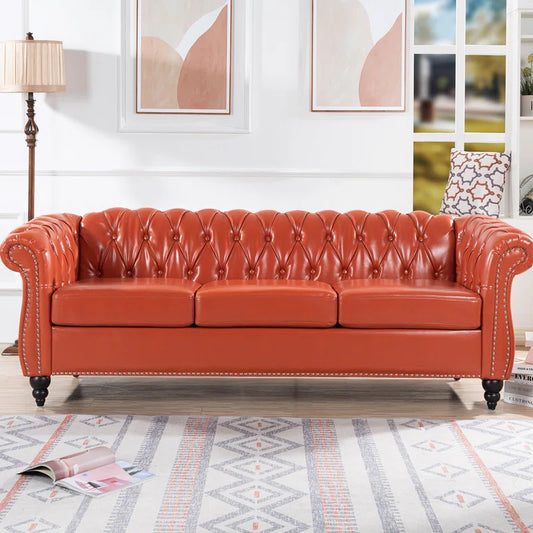 THE CASA ORO® 84.65" Chesterfield Sofa Faux Leather Three Seater Sofa with Rolled Arm(Orange Faux Leather)