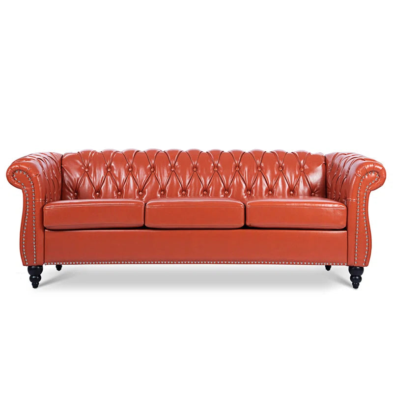 THE CASA ORO® 84.65" Chesterfield Sofa Faux Leather Three Seater Sofa with Rolled Arm(Orange Faux Leather)