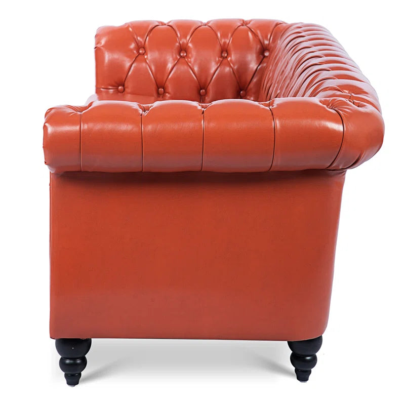 THE CASA ORO® 84.65" Chesterfield Sofa Faux Leather Three Seater Sofa with Rolled Arm(Orange Faux Leather)