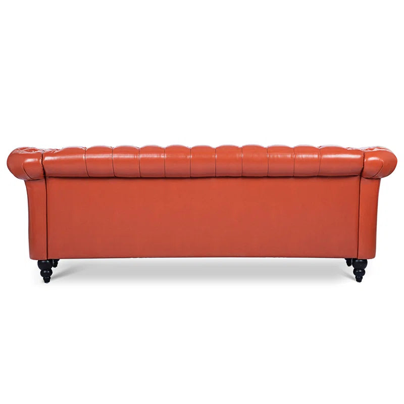 THE CASA ORO® 84.65" Chesterfield Sofa Faux Leather Three Seater Sofa with Rolled Arm(Orange Faux Leather)