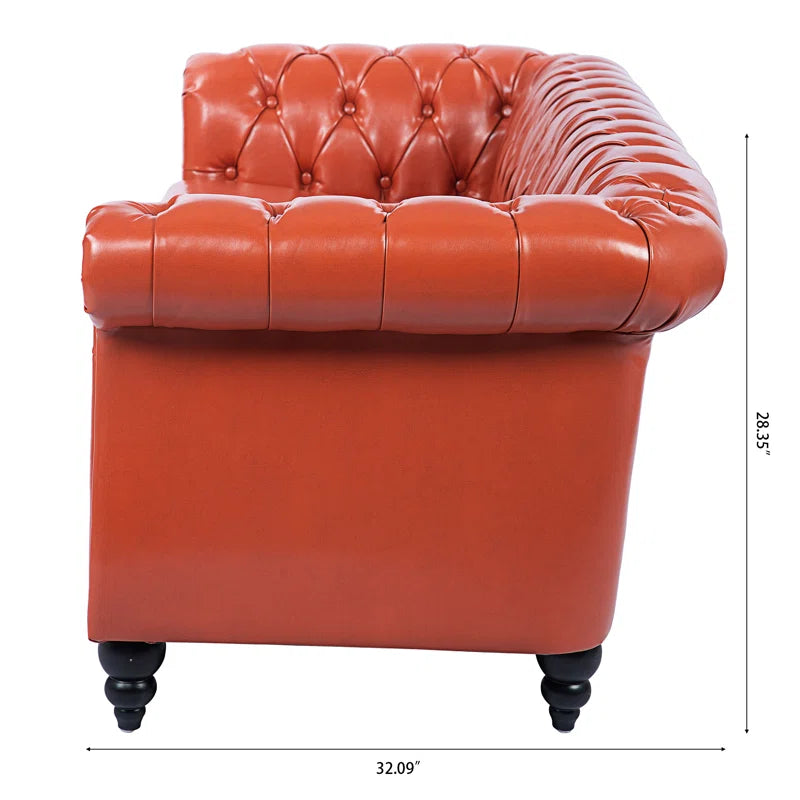 THE CASA ORO® 84.65" Chesterfield Sofa Faux Leather Three Seater Sofa with Rolled Arm(Orange Faux Leather)