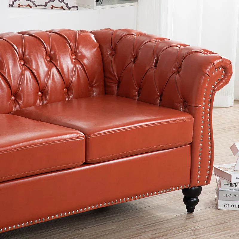 THE CASA ORO® 84.65" Chesterfield Sofa Faux Leather Three Seater Sofa with Rolled Arm(Orange Faux Leather)