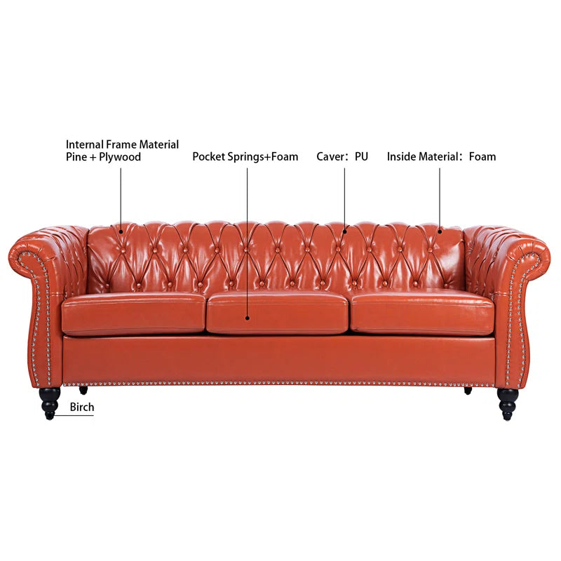 THE CASA ORO® 84.65" Chesterfield Sofa Faux Leather Three Seater Sofa with Rolled Arm(Orange Faux Leather)