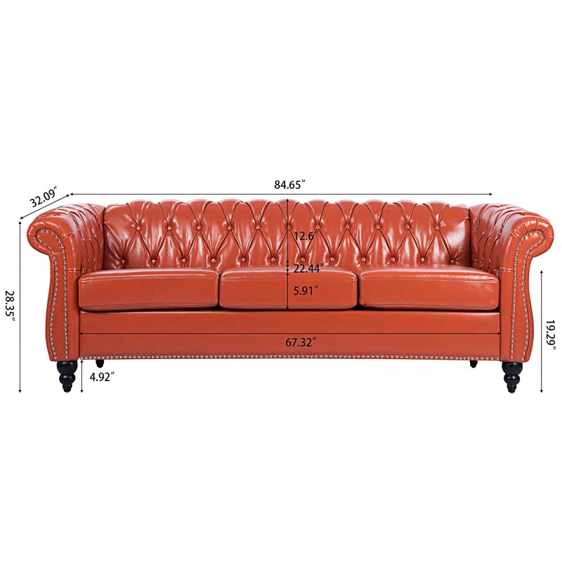THE CASA ORO® 84.65" Chesterfield Sofa Faux Leather Three Seater Sofa with Rolled Arm(Orange Faux Leather)