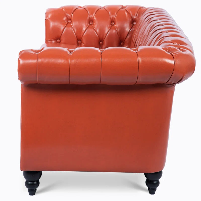 THE CASA ORO® 84.65" Chesterfield Sofa Faux Leather Three Seater Sofa with Rolled Arm(Orange Faux Leather)