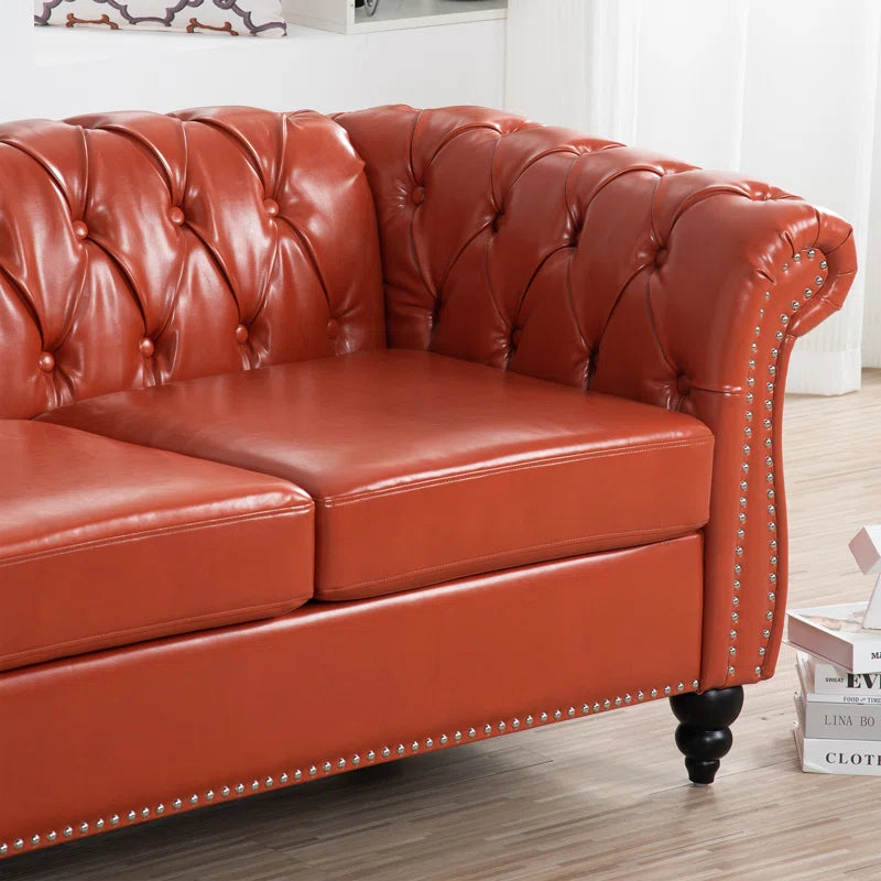 THE CASA ORO® 84.65" Chesterfield Sofa Faux Leather Three Seater Sofa with Rolled Arm(Orange Faux Leather)