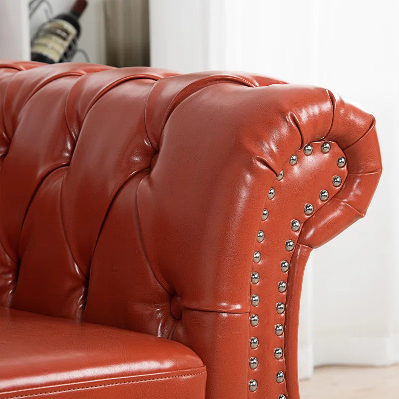 THE CASA ORO® 84.65" Chesterfield Sofa Faux Leather Three Seater Sofa with Rolled Arm(Orange Faux Leather)