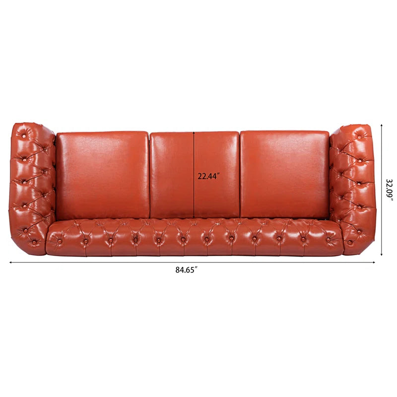 THE CASA ORO® 84.65" Chesterfield Sofa Faux Leather Three Seater Sofa with Rolled Arm(Orange Faux Leather)