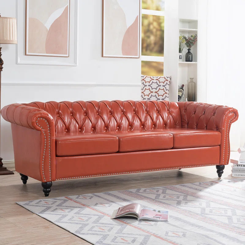 THE CASA ORO® 84.65" Chesterfield Sofa Faux Leather Three Seater Sofa with Rolled Arm(Orange Faux Leather)