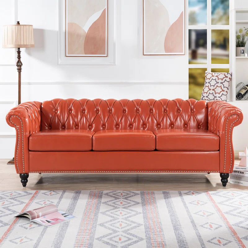 THE CASA ORO® 84.65" Chesterfield Sofa Faux Leather Three Seater Sofa with Rolled Arm(Orange Faux Leather)