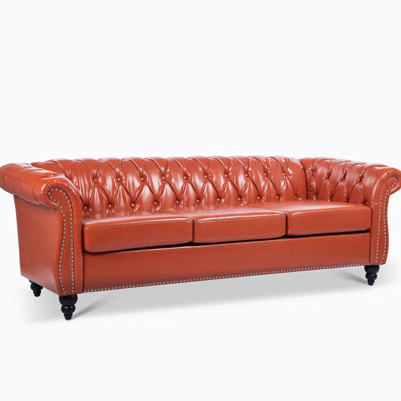 THE CASA ORO® 84.65" Chesterfield Sofa Faux Leather Three Seater Sofa with Rolled Arm(Orange Faux Leather)
