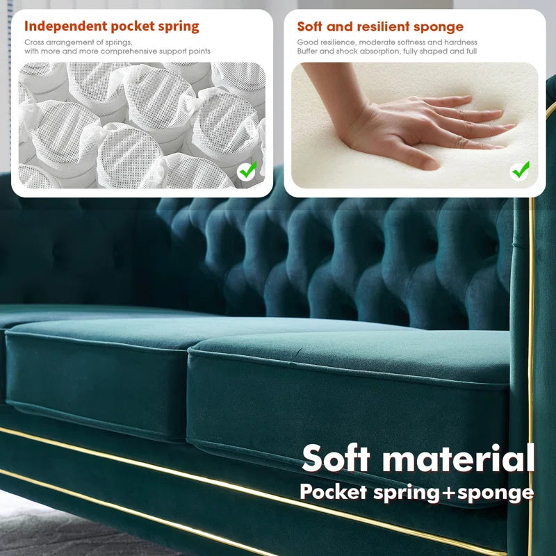 THE CASA ORO® Designer Sofa Set: Chesterfield Sofa, Velvet Roll Arm Sofa, Living Room Sofa, Upholstered with Breathable, Smooth Fabric(Velvet Green)