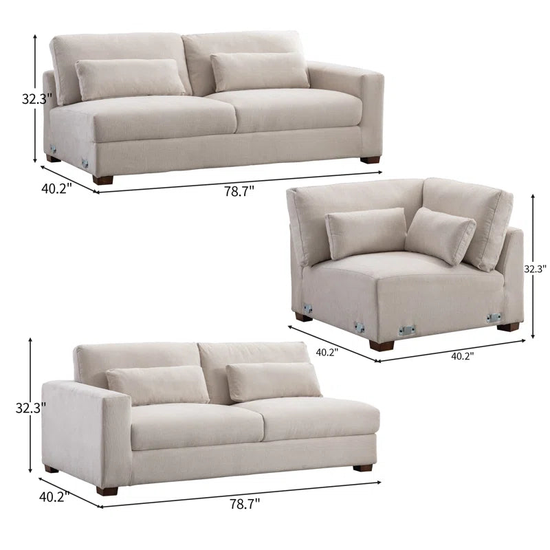 L Shape Sectional Sofa: 3 Piece Modern and Soft Upholstered Corner Sectional with 6 Throw Pillows