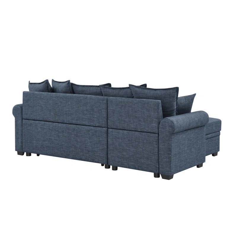 L- Shape Sectional Sofa: 4 - Piece Upholstered Sectional Sleeper Sofa Bed(Dark Blue Linen Blend)
