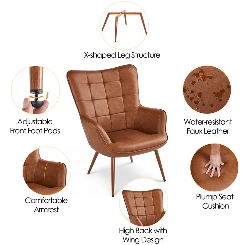 THE CASA ORO® 28''W x 31.3''D Faux Leather Wing Chair, Mid-century Oversized Armchair(Brown Faux Leather)