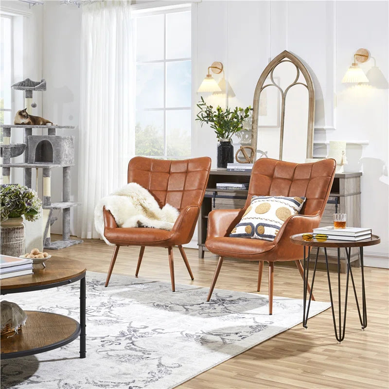 THE CASA ORO® 28''W x 31.3''D Faux Leather Wing Chair, Mid-century Oversized Armchair(Brown Faux Leather)