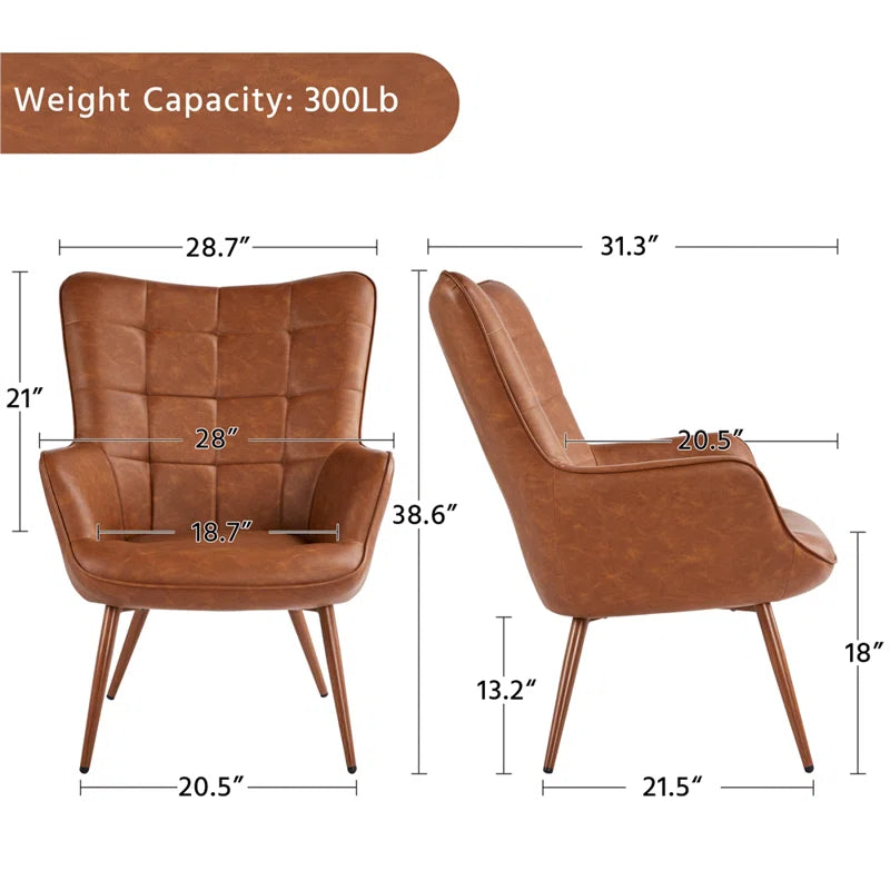 THE CASA ORO® 28''W x 31.3''D Faux Leather Wing Chair, Mid-century Oversized Armchair(Brown Faux Leather)