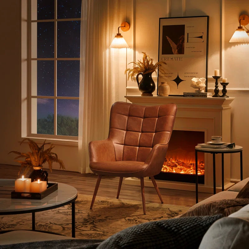 THE CASA ORO® 28''W x 31.3''D Faux Leather Wing Chair, Mid-century Oversized Armchair(Brown Faux Leather)