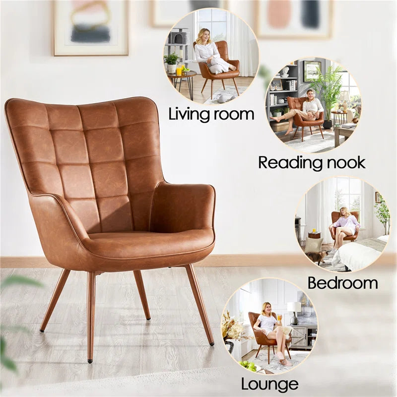 THE CASA ORO® 28''W x 31.3''D Faux Leather Wing Chair, Mid-century Oversized Armchair(Brown Faux Leather)