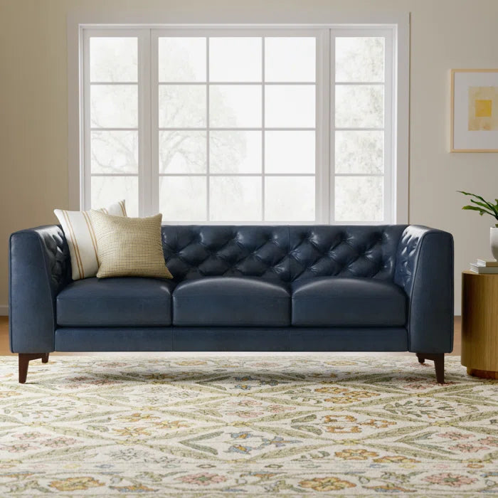 3 Seater Sofa: 89'' Full-Grain Genuine Italian Leather Sofa(Midnight Blue)