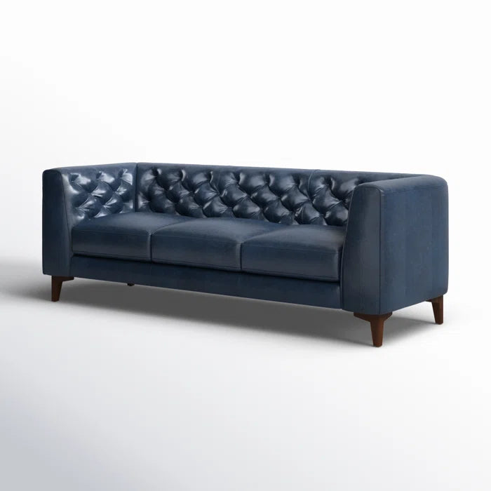 3 Seater Sofa: 89'' Full-Grain Genuine Italian Leather Sofa(Midnight Blue)