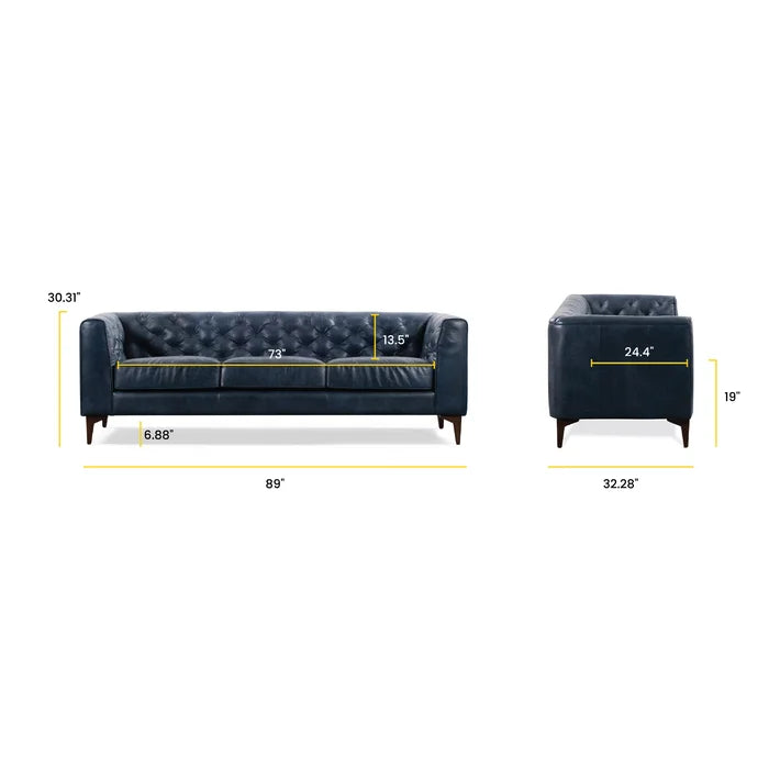 3 Seater Sofa: 89'' Full-Grain Genuine Italian Leather Sofa(Midnight Blue)